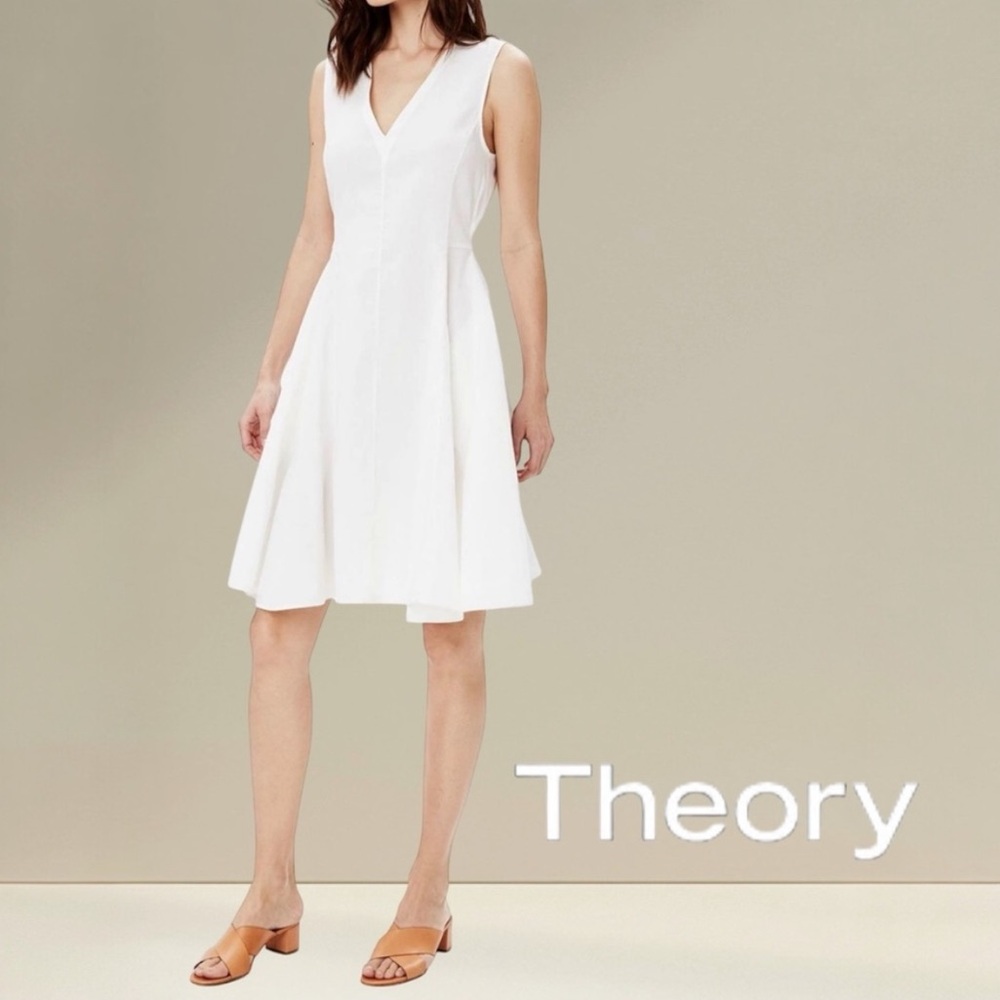 Theory Kalsington Linen Blend V-Neck Sleeveless Dress in White 4 Style#G0303605 - Picture 10 of 10